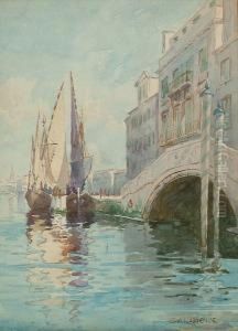A Canal Bridge In Venice, With Boats A Canal Bridge In Venice, With Boats