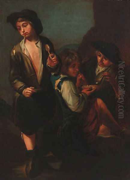 Boys drinking soup in a landscape - view 1
