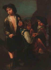 Boys drinking soup in a landscape by Giacomo Francesco Cipper