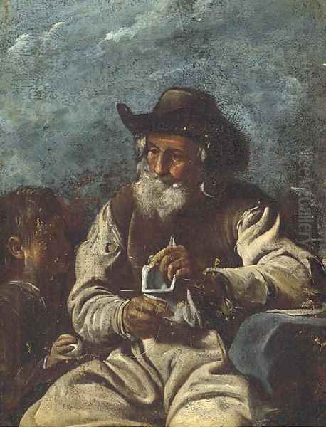 An old man knitting with a young boy - view 1