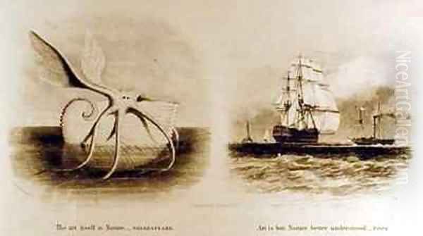 A giant squid and two ships at sea - view 1