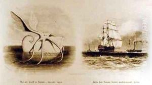 A giant squid and two ships at sea by Charles, M Curtis