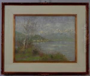 Lago Con Paese E Montagne Sullo Sfondo by Nicola Laurenti