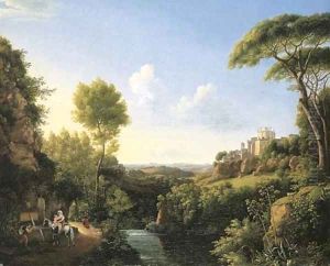 An Italianate landscape with travellers halting at a fountain, a castle beyond