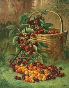 Still Life Of A Basket Of Cherries by August Laux