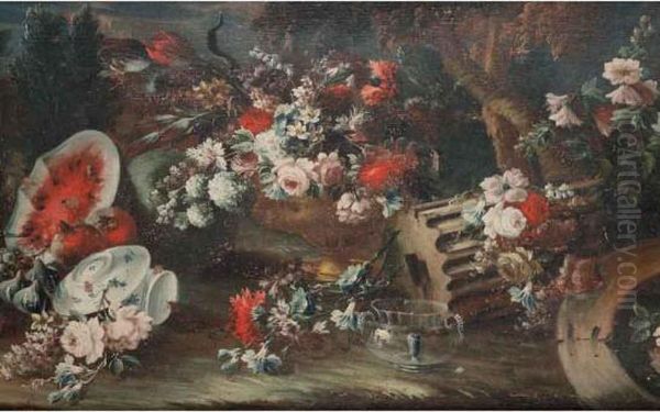 Natura Morta Con Vasi Fioriti, Frammenti Architettonici, Frutta, Pavone E Vasca - view 1