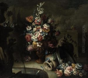 Roses, Tulips, Morning Glory,
Narcissi And Other Flowers In Asculpted Urn, With Two Vases And A Plate
With Flowers, Beside Afountain by Giuseppe Lavagna