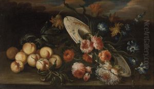 Fiori E Frutta Su Un Piano Con Un Piattodecorato by Giuseppe Lavagna
