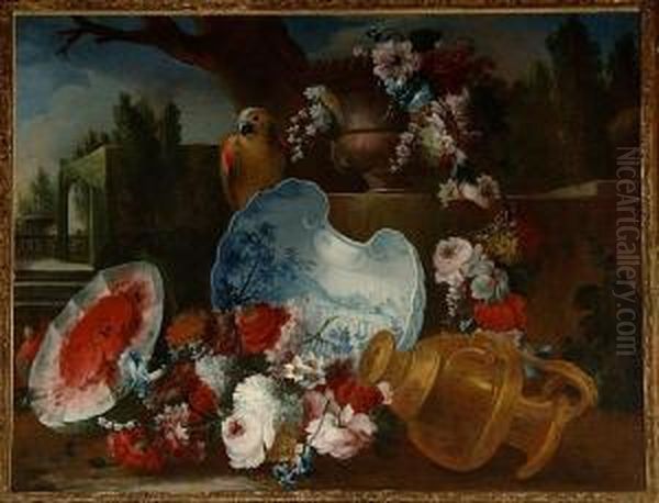 Roses, Convolvulus, Snowballs
And Otherflowers In An Urn With A Parrot, A Park Landscape In The
Distance - view 1