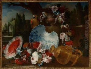Roses, Convolvulus, Snowballs And Other Flowers In An Urn With A Parrot by Giuseppe Lavagna
