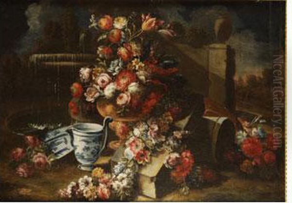 Jarron De Flores Con Guirnaldas Junto A Una Fuente En Un Jardin - view 1