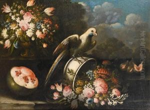 A Parrot On An Upturned Bowl 
Filled With Roses, Tulips, And Other Flowers, A Bronze Urn On A Stone 
Ledge With Figs And A Watermelon In A Landscape
