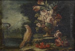 Nature Morte Aux Bouquet De Fleurs Et Oiseau Devant Unefontaine Nature Morte Aux Bouquet De Fleurs Et Oiseau Devant Unefontaine