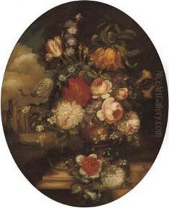 Roses, Camelias, Tulips And 
Other Flowers In An Urn, On A Stoneledge, A Classical Building Beyond