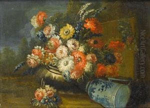 Roses, Chrysanthemums, Daffodils
 And Otherflowers In A Stone Urn And A Dish In A Landscape; And 
Roses,carnations, Lily Of The Valley And Other Flowers In An Urn And 
Ajug In A Landscape