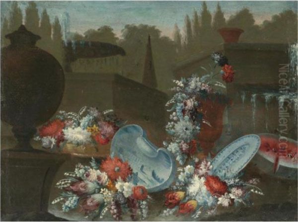 A Still Life With Bouquets Of
Various Flowers Together With Porcelain Bowls And A Water Melon Beside A
Fountain In A Parkland Setting - view 1