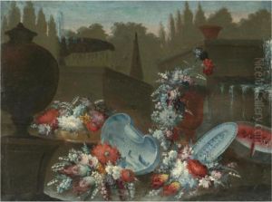 A Still Life With Bouquets Of
Various Flowers Together With Porcelain Bowls And A Water Melon Beside A
Fountain In A Parkland Setting by Giuseppe Lavagna