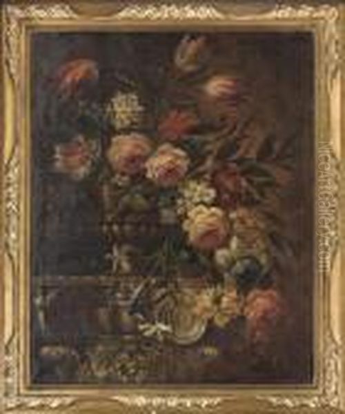 Parrot Tulips, Roses And Morning
Glory In A Vase On A Plinth; And Chrysanthemum, Parrot Tulip, Roses And
Hydrangea In A Vase On On A Plinth - view 1