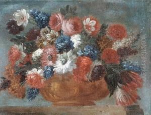 Chrysanthemums, Tulips, Narcisi 
And Other Flowers In A Bronze Urn On A Table-top; And Delphiniums, 
Tulips, Roses, Chrysanthemums And Other Flowers In A Bronze Urn On A 
Table Top