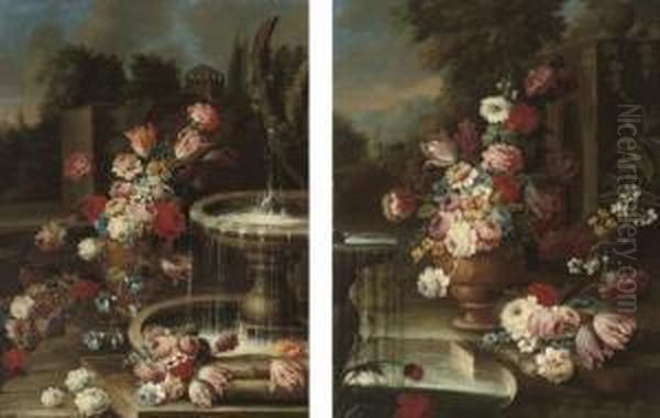 Chrysanthemums, Tulips, Roses,
Narcissae, Clematis And Other Flowers In A Terracotta Urn, With A Swag
Of Flowers And A Glass Vase Of Narcissae, By A Fountain; And
Chrysanthemums, Tulips, Roses, Carnations And Other Flowers In A
Terracotta Urn, Wit - view 1