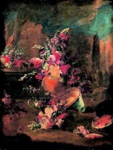 Vaso Di Fiori, Sullo Sfondo Paesaggio Con Alberi by Giuseppe Lavagna