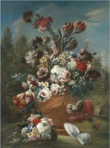 Still Life With Tulips Roses
Daffodils, Narcissi, Morning Glory, Carnations And Other Flowers In A
Terracotta Urn With A Porcelain Bowl And Cup In A Landscape by Giuseppe Lavagna