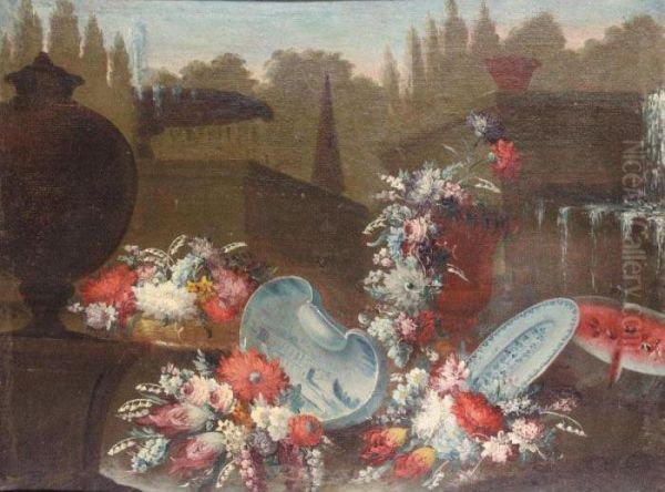 Still Life With Bouquets Of
Various Flowers Together With Procelain Bowls And A Water Melon Beside A
Fountain In A Parkland Setting - view 1