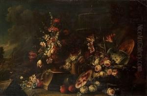 Carnations, Tulips, Peonies And 
Other Flowers In An Urn With Other Flowers , A Melon, Pomegranates And A
 Blue And White Pottery Vase Before A Fountain In A Landscape