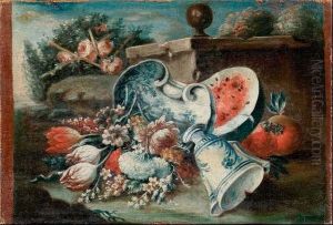 Fiori, Cocomero, Vasellame In Ceramica Blu Su Basamento Con Rose by Giuseppe Lavagna