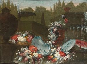 Mixed Flowers With Blue And 
White Bowls And Dishes And A Watermelon Before A Fountain And Urns In A 
Garden