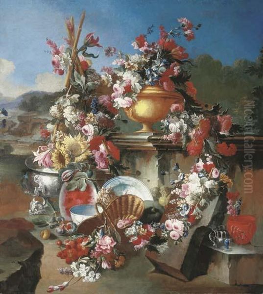 Roses, Narcissi, Carnations, 
Tulips And Other Flowers In An Urn With Flower Garlands Draped On A 
Stone Pedestal And Surrounded By Flowers And Fruit In A Landscape - view 1