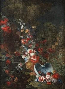 Carnations, Peonies, Cornflowers
 And Other Flowers In A Vase With A Blue And White Porcelain Basin And 
An Urn Decorated With A Swag Of Flowers In A Garden
