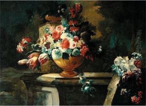 Still Life With Various Flowers In Bronze Urn, On A Stone Ledge In An Ornamental Garden by Giuseppe Lavagna