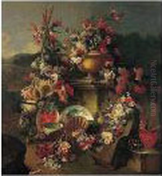 A Still Life Of Flowers In An
Urn With Flower Garlands Draped On A Stone Pedestal And Surrounded By
Flowers And Fruit, Including Sunflowers, Cherries, Figs And Watermelons,
Together With Porcelain, Terracotta, Glass And Silver Plates And Bowls,
In - view 1