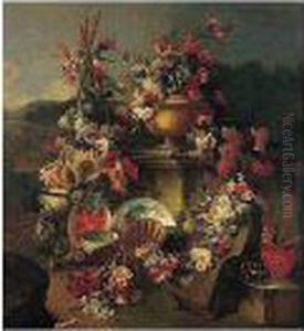 A Still Life Of Flowers In An 
Urn With Flower Garlands Draped On A Stone Pedestal And Surrounded By 
Flowers And Fruit, Including Sunflowers, Cherries, Figs And Watermelons,
 Together With Porcelain, Terracotta, Glass And Silver Plates And Bowls,
 In