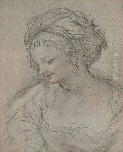 A young woman wearing a turban, bust-length, in profile to the left - view 1