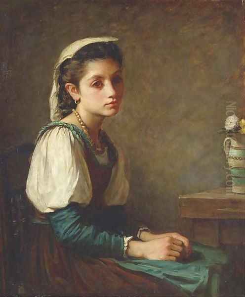 Portrait of a young girl, seated, with a vase of daisies - view 1