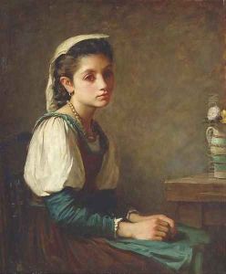 Portrait of a young girl, seated, with a vase of daisies