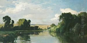 Elegante Et Pecheur Sur La Riviere by Eugene Antoine Samuel Lavieille