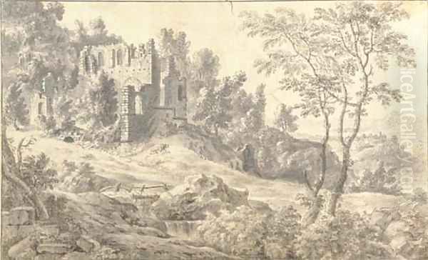 A ruined church in a wooded landscape - view 1