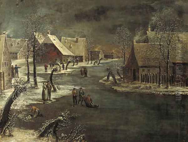 A winterlandscape with skaters on a frozen waterway in a village - view 1
