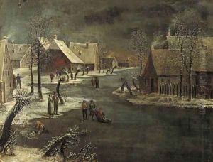 A winterlandscape with skaters on a frozen waterway in a village