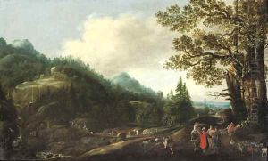 An extensive wooded landscape with the Reconcilliation of Jacob and Laban