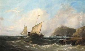 Fishermen hauling in their nets off a rocky headline with a ruined castle