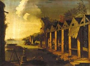 An Italianate landscape with a shipyard by Leonardo Coccorante
