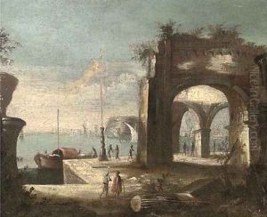 A Mediterranean harbour with shipping and figures on the quay by Leonardo Coccorante
