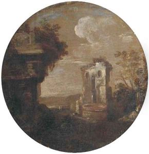 A capriccio of classical ruins with a fountain by Leonardo Coccorante