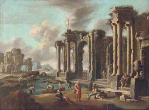 A capriccio of Roman ruins with travellers