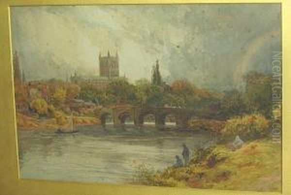 'hereford' - River Landscape With Anglers On A Bank, The Cathedral Visible Beyond - view 1