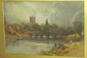 'hereford' - River Landscape With Anglers On A Bank, The Cathedral Visible Beyond by David Law